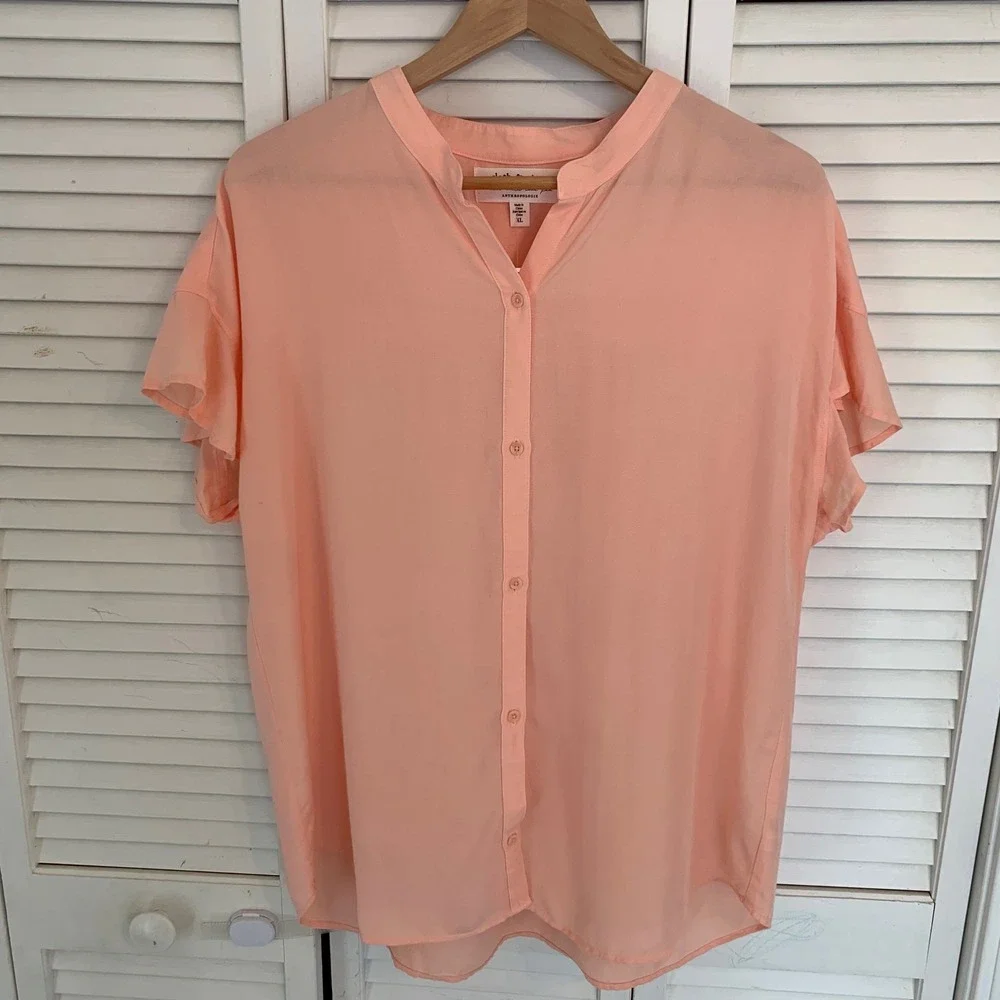NEW Cloth & Stone Anthropologie Peach Flutter Sleeve Blouse Button Front XL READ